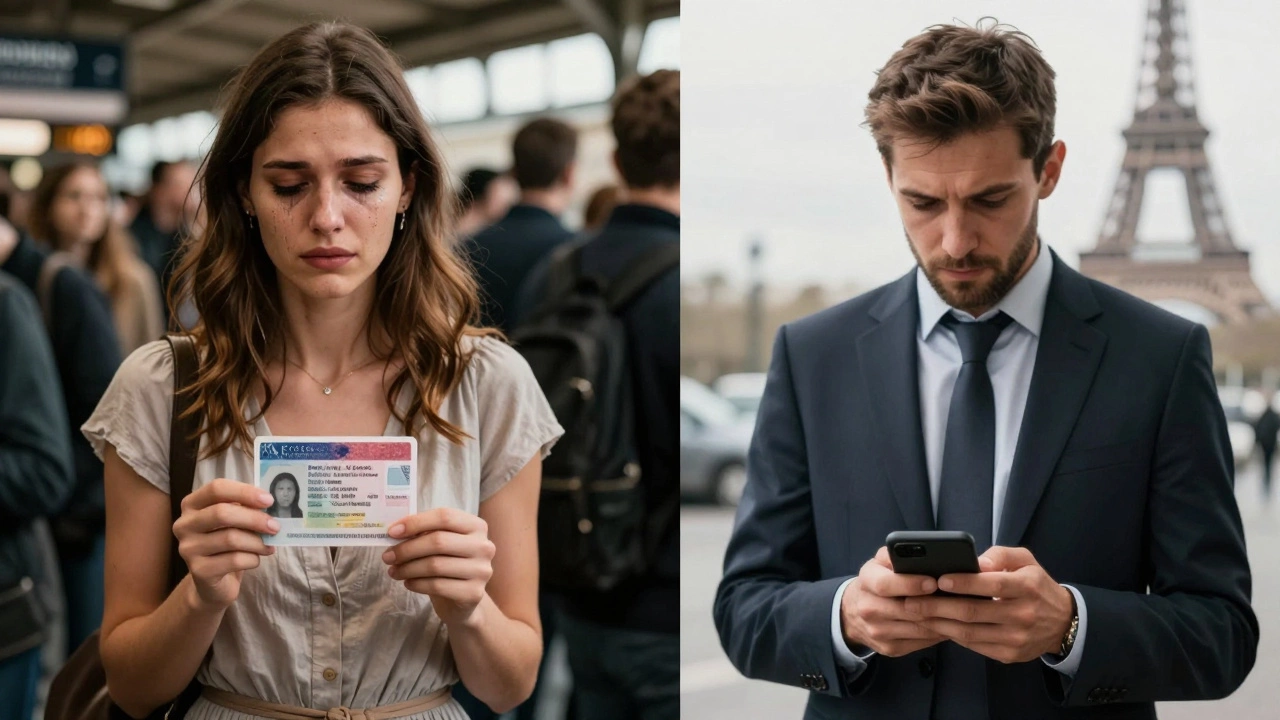 A woman holds a visa while a man views escort ads, symbolizing exploitation.