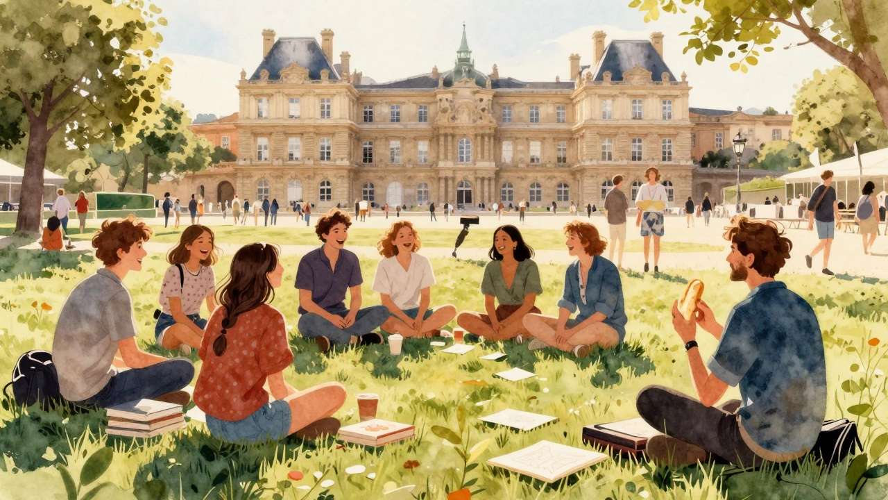 Travelers and locals enjoy a free concert together in a sunny Paris park.